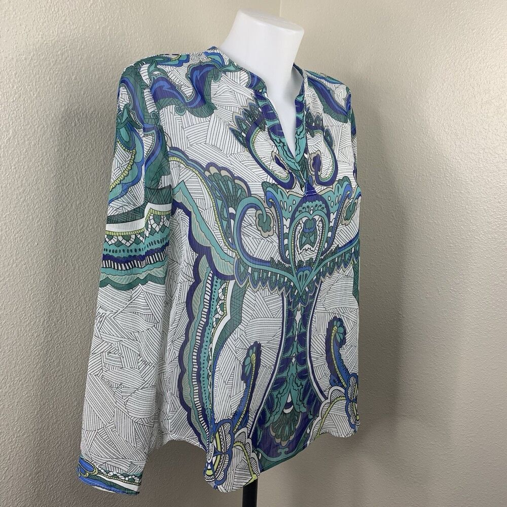 Chico’s New Blouse Paisley Maze Shana Top Long Sleeve Spectra Blue Sz 0 Small
